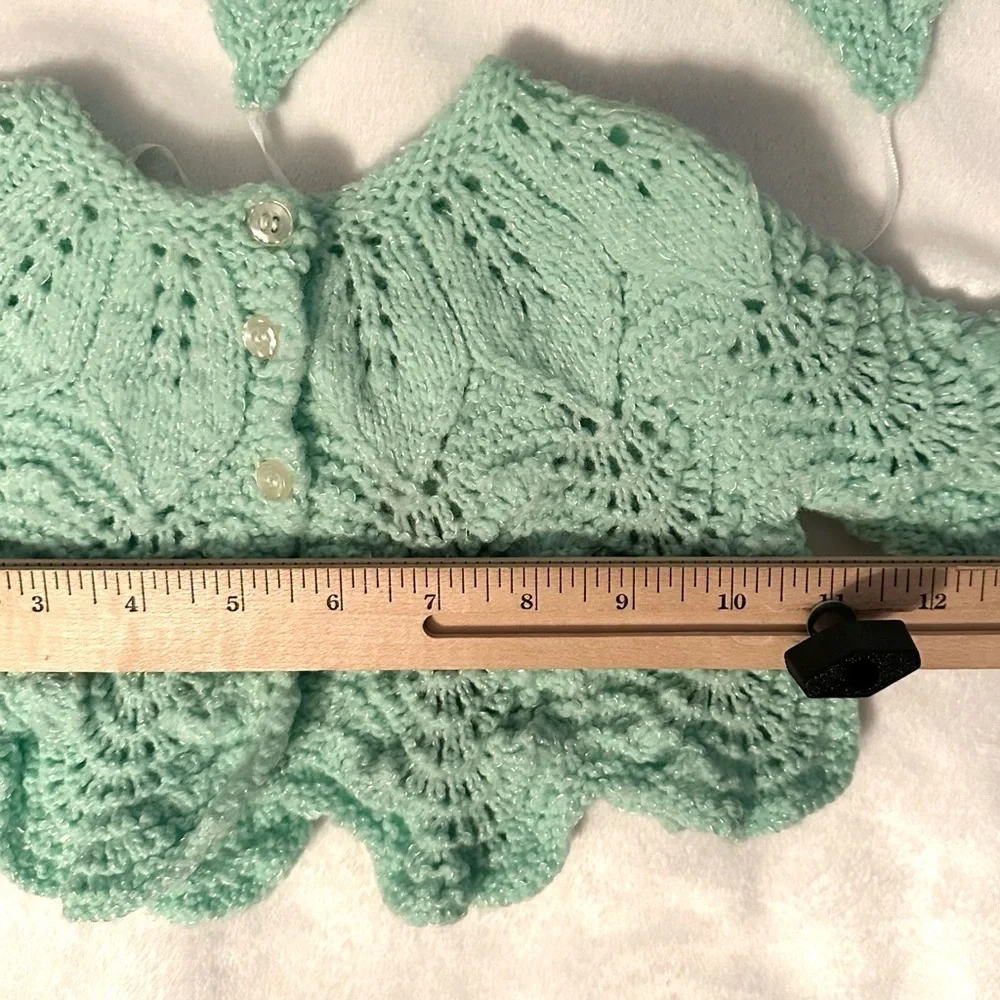 Vintage Hand Knit Crocheted Cardigan Sweater & Bonnet Hat Set 12M Mint Green